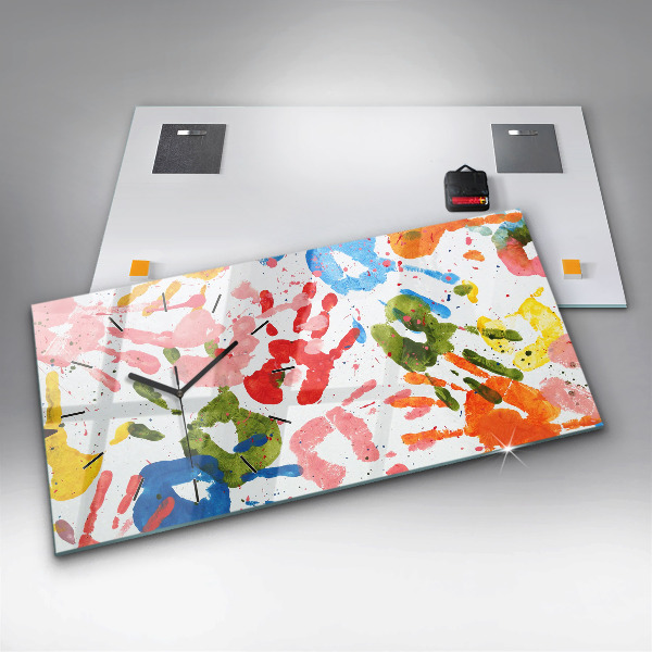 Ceas orizontale de perete din sticlă Amprentele mâinilor copiilor