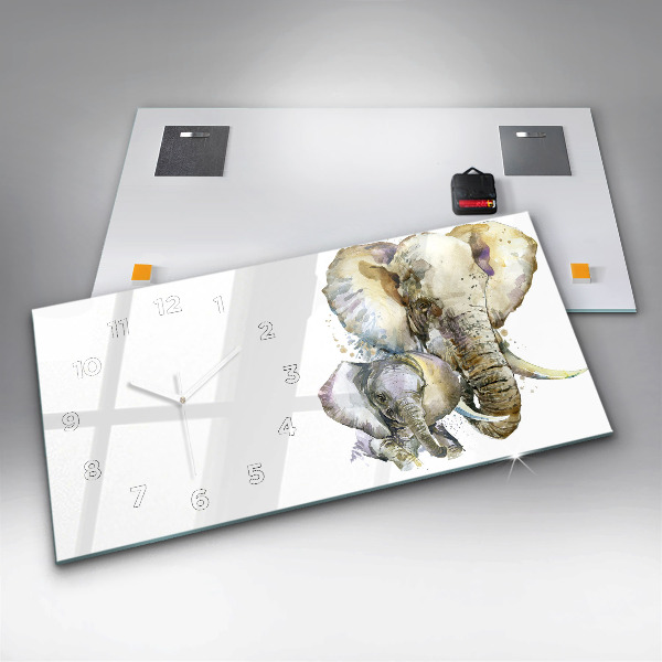 Ceas orizontale de perete din sticlă Animalele elefanți pictate