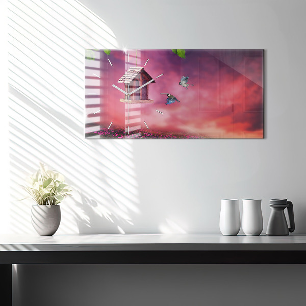 Ceas orizontale de perete din sticlă Casă pentru păsări