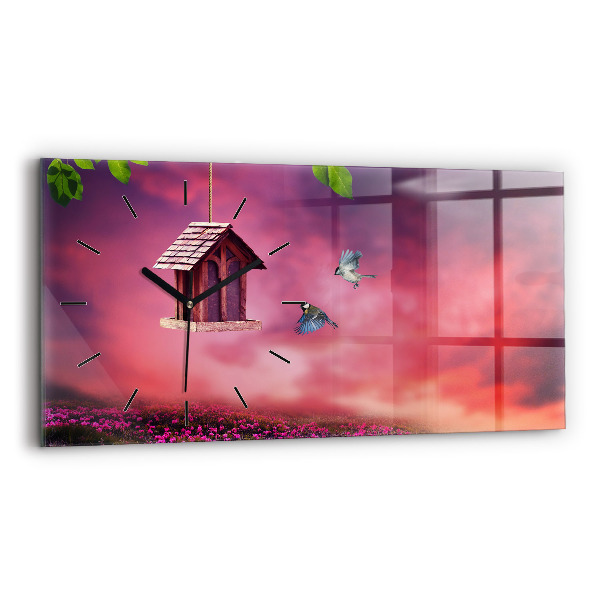 Ceas orizontale de perete din sticlă Casă pentru păsări