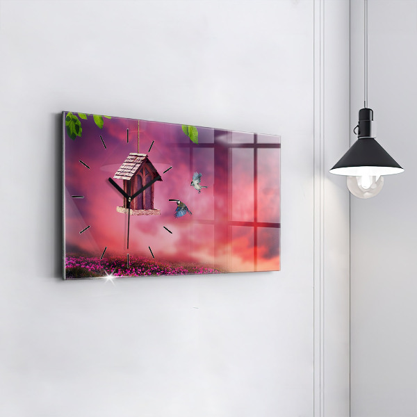 Ceas orizontale de perete din sticlă Casă pentru păsări