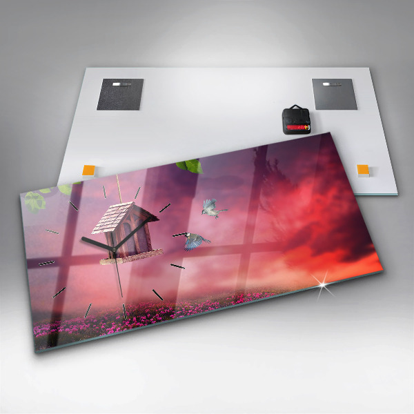 Ceas orizontale de perete din sticlă Casă pentru păsări