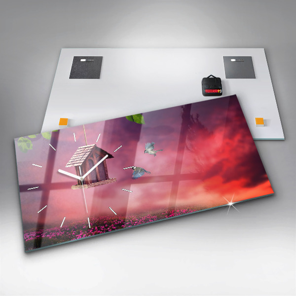 Ceas orizontale de perete din sticlă Casă pentru păsări