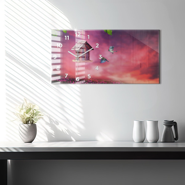 Ceas orizontale de perete din sticlă Casă pentru păsări