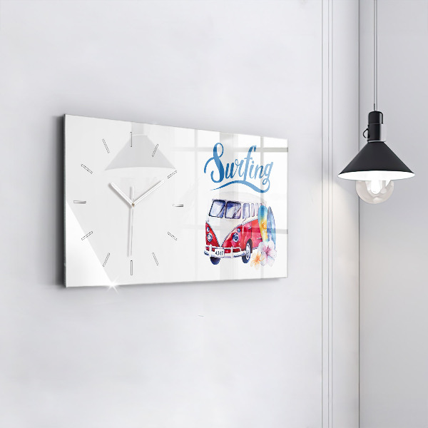 Ceas orizontale de perete din sticlă Mașină și inscripția Surfing
