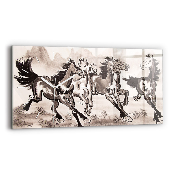Ceas orizontale de perete din sticlă Cai în galop