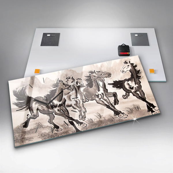 Ceas orizontale de perete din sticlă Cai în galop