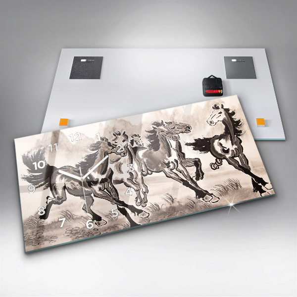 Ceas orizontale de perete din sticlă Cai în galop