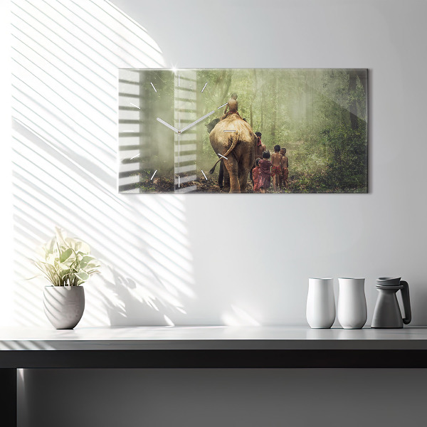 Ceas orizontale de perete din sticlă Copii care conduc un elefant