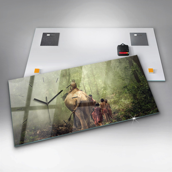 Ceas orizontale de perete din sticlă Copii care conduc un elefant