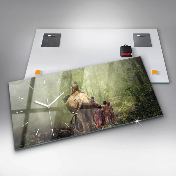 Ceas orizontale de perete din sticlă Copii care conduc un elefant