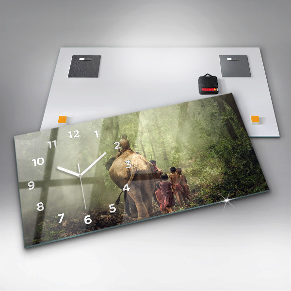 Ceas orizontale de perete din sticlă Copii care conduc un elefant