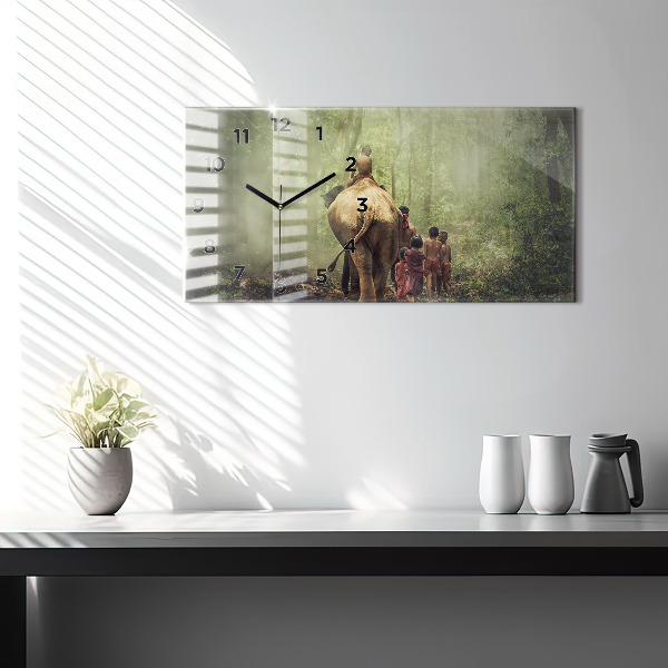 Ceas orizontale de perete din sticlă Copii care conduc un elefant