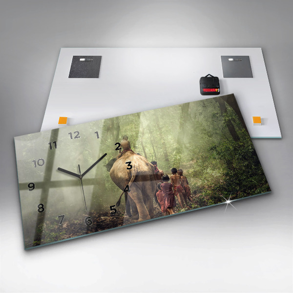 Ceas orizontale de perete din sticlă Copii care conduc un elefant