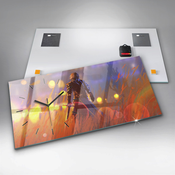 Ceas orizontale de perete din sticlă Cavaler cu o sabie