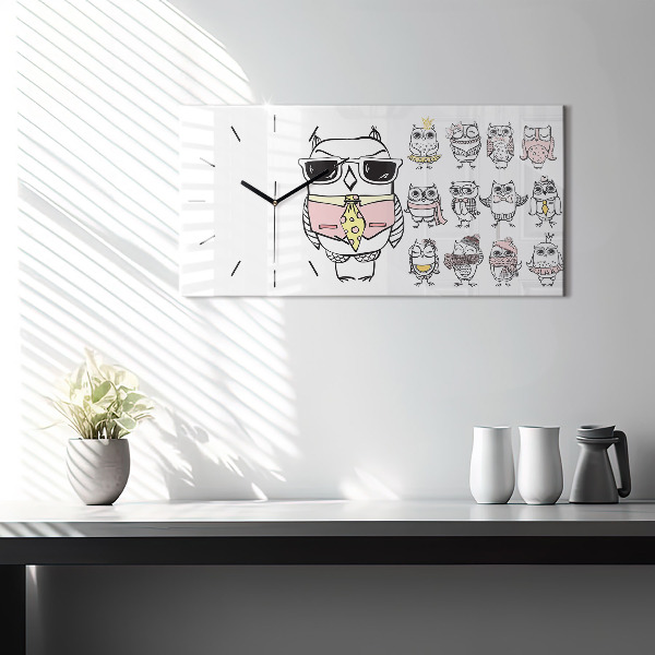 Ceas orizontale de perete din sticlă Poster de epocă cu bufnițe