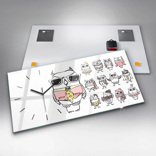 Ceas orizontale de perete din sticlă Poster de epocă cu bufnițe