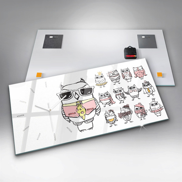 Ceas orizontale de perete din sticlă Poster de epocă cu bufnițe