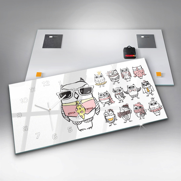 Ceas orizontale de perete din sticlă Poster de epocă cu bufnițe