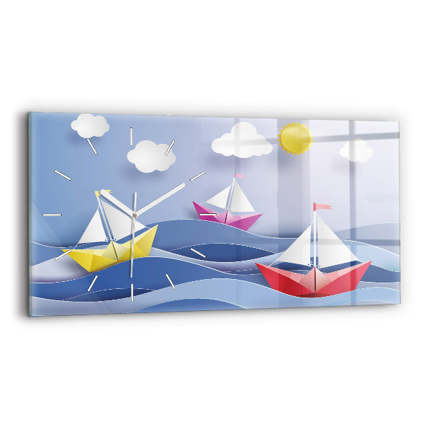 Ceas orizontale de perete din sticlă Barci cu pânze origami colorate