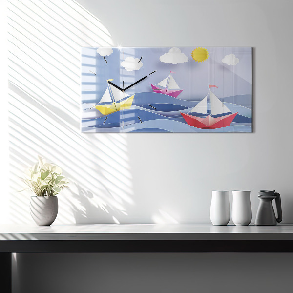 Ceas orizontale de perete din sticlă Barci cu pânze origami colorate