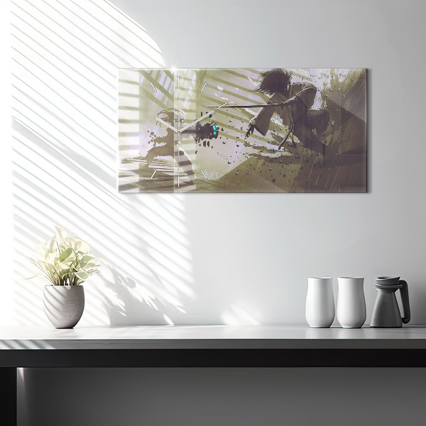 Ceas orizontale de perete din sticlă Robot și samurai se luptă