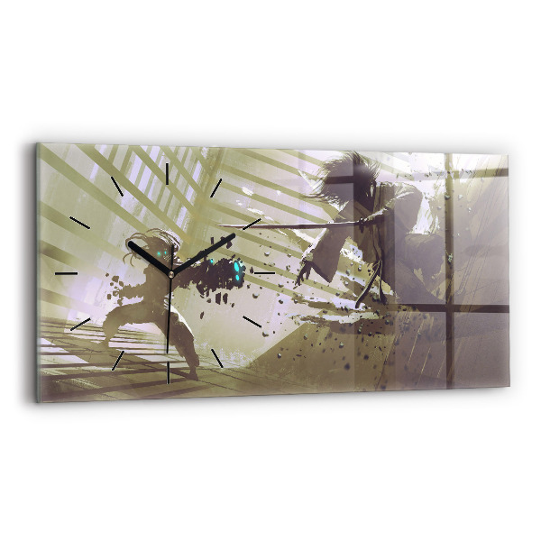 Ceas orizontale de perete din sticlă Robot și samurai se luptă