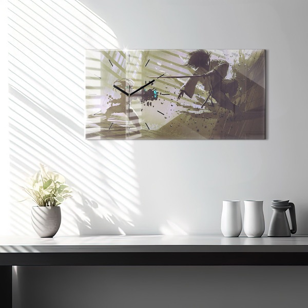 Ceas orizontale de perete din sticlă Robot și samurai se luptă