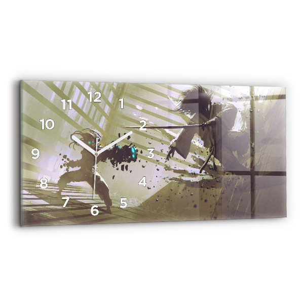 Ceas orizontale de perete din sticlă Robot și samurai se luptă