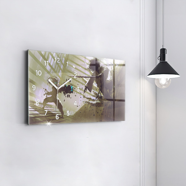 Ceas orizontale de perete din sticlă Robot și samurai se luptă