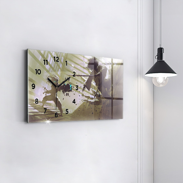 Ceas orizontale de perete din sticlă Robot și samurai se luptă