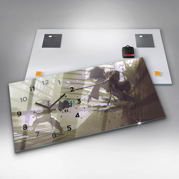 Ceas orizontale de perete din sticlă Robot și samurai se luptă