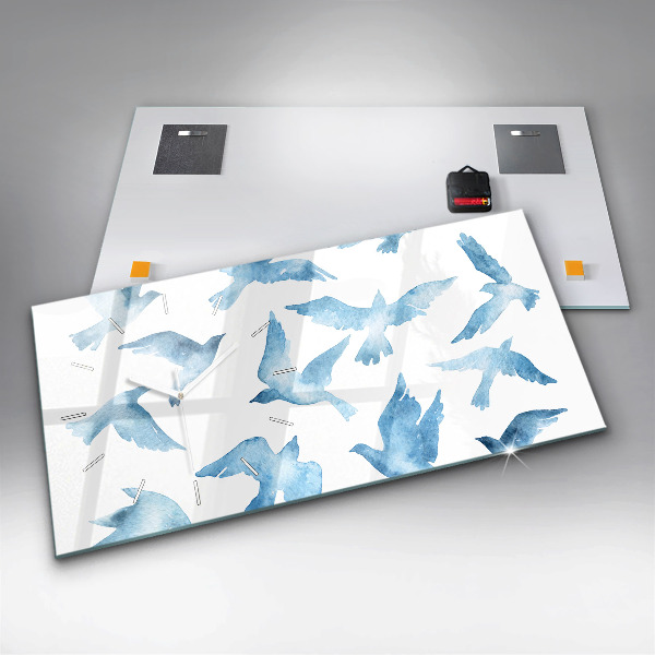 Ceas orizontale de perete din sticlă Păsări albastre zburătoare