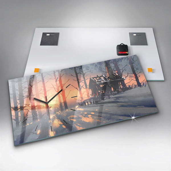 Ceas orizontale de perete din sticlă Peisaj de iarnă cu copaci