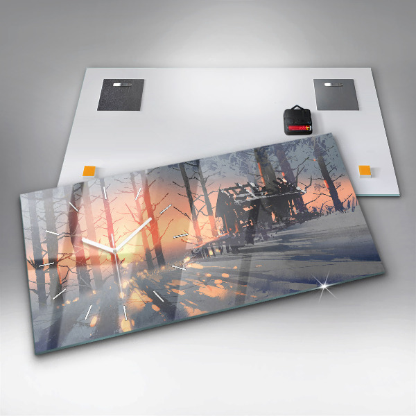 Ceas orizontale de perete din sticlă Peisaj de iarnă cu copaci