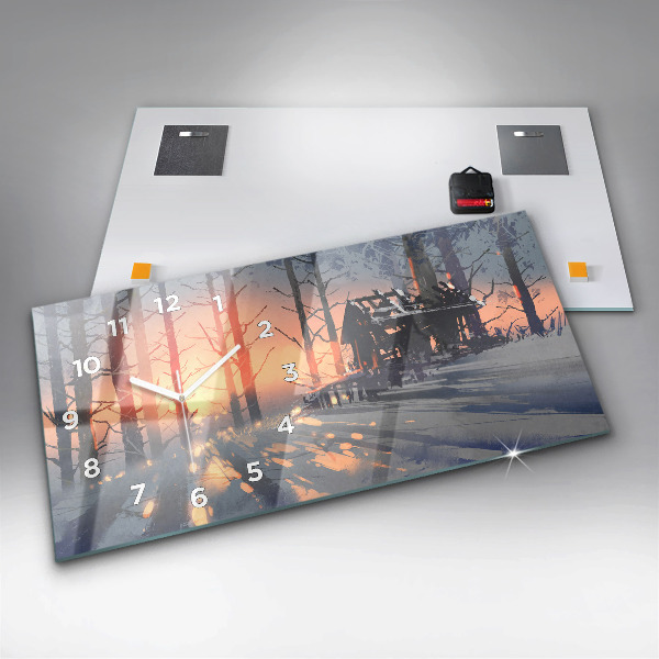 Ceas orizontale de perete din sticlă Peisaj de iarnă cu copaci