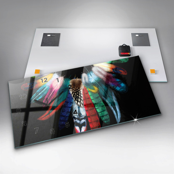 Ceas orizontale de perete din sticlă Pene de păsări colorate