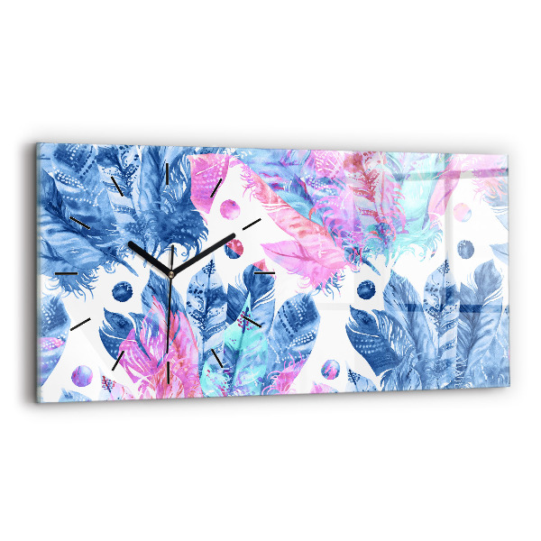 Ceas orizontale de perete din sticlă Pene colorate