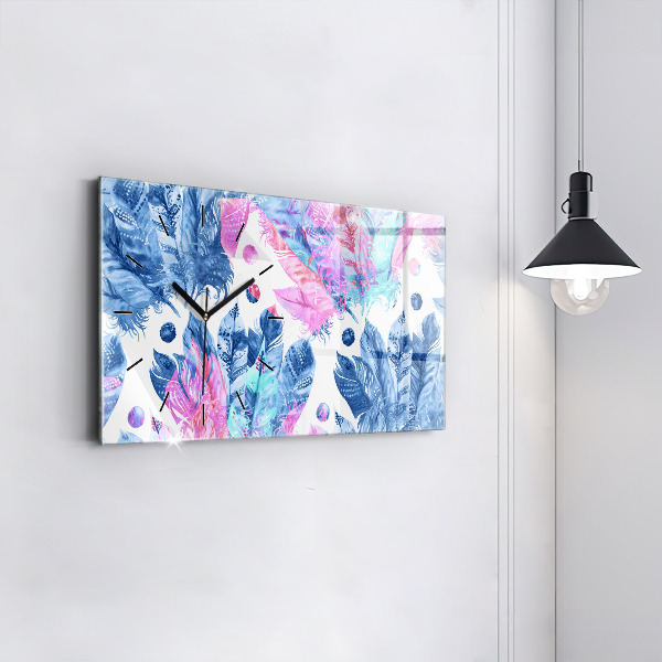 Ceas orizontale de perete din sticlă Pene colorate