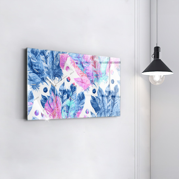 Ceas orizontale de perete din sticlă Pene colorate