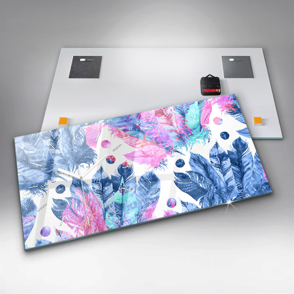 Ceas orizontale de perete din sticlă Pene colorate