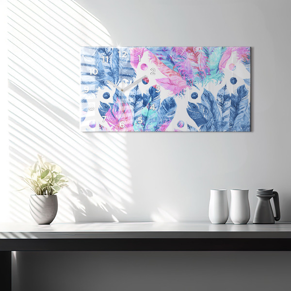 Ceas orizontale de perete din sticlă Pene colorate