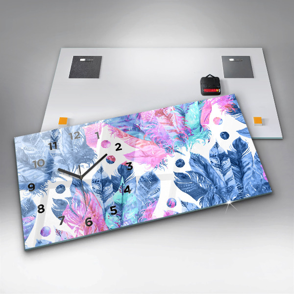 Ceas orizontale de perete din sticlă Pene colorate