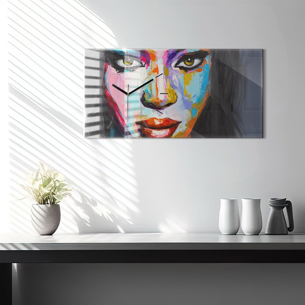 Ceas orizontale de perete din sticlă Chipul colorat de femeie