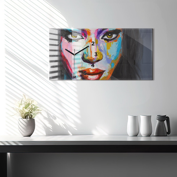 Ceas orizontale de perete din sticlă Chipul colorat de femeie