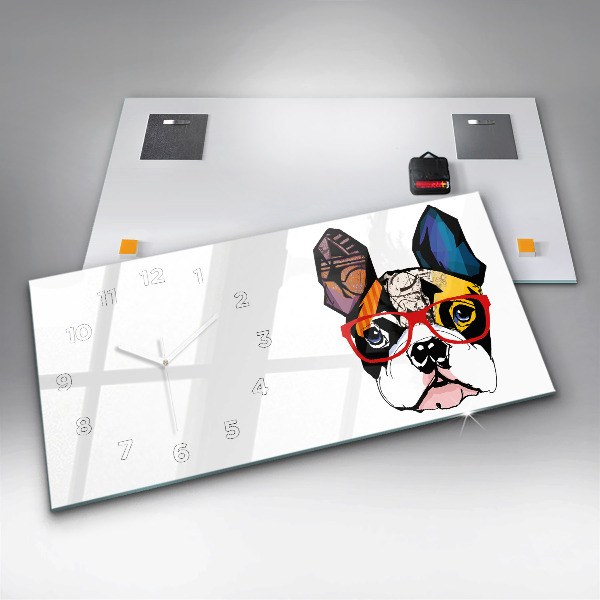 Ceas orizontale de perete din sticlă Bulldog francez cu ochelari