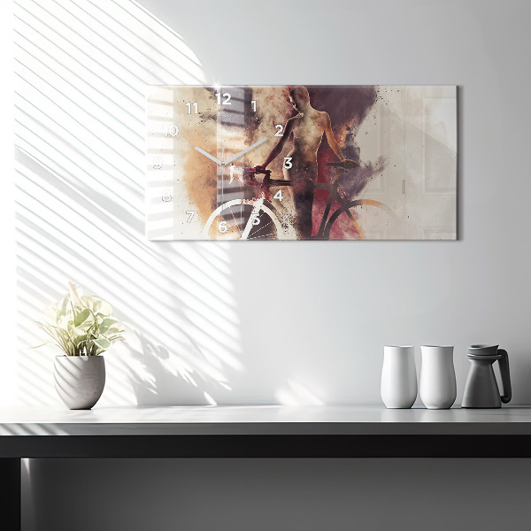 Ceas orizontale de perete din sticlă Femeie și bicicleta