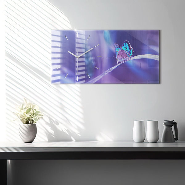 Ceas orizontale de perete din sticlă Fluture Pe Iarbă