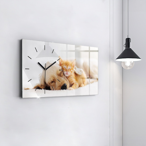 Ceas orizontale de perete din sticlă Pisică și câine adormit