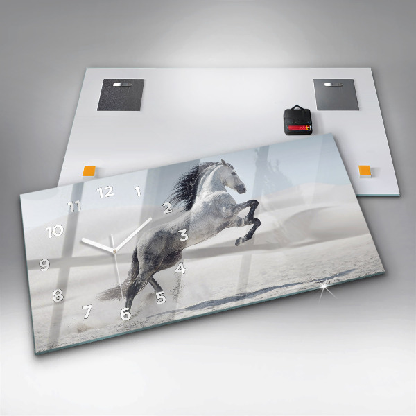 Ceas orizontale de perete din sticlă Cal alb în galop